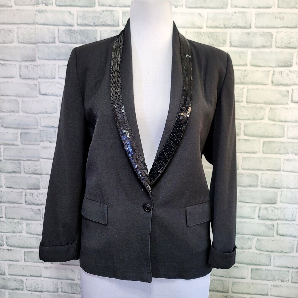 Vintage 70s Ted Lapidus Diffusion Womens 42 Black Sequin Collar Blazer 1 Button